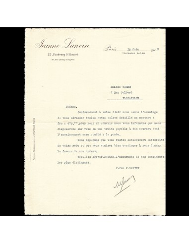 Lanvin - Lettre de la maison Jeanne Lanvin, 22 faubourg Saint-Honoré à Paris (1912) pour bénéficier 