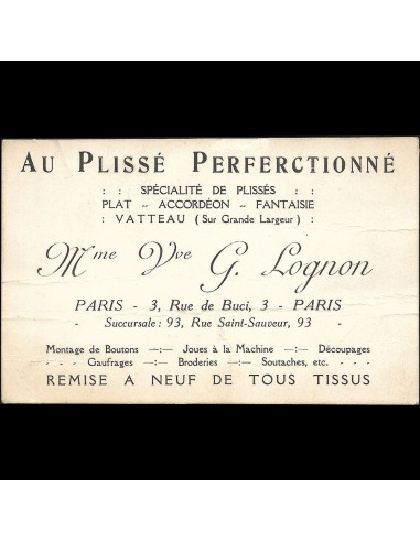 Lognon - Carte de la maison Au plissé perfectionné, 3 rue de Buci à Paris (circa 1900-1910s) Dans la société mordern