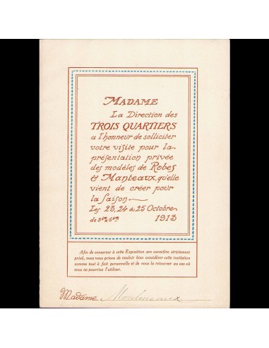 Trois Quartiers - Invitation à une présentation de modèles (1913) pas cheres