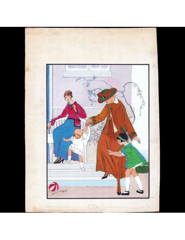 Les Elégantes et les enfants, dessin de L'hom pour une revue de mode (1910s) acheter